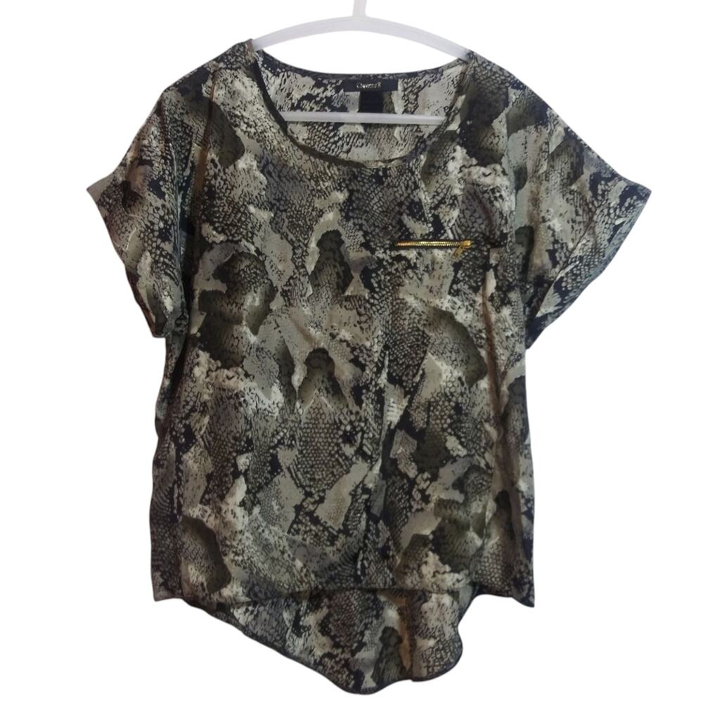 Chances R Neutral Snakeskin Print Cuffed Short Sleeve Top MobWife Size L
